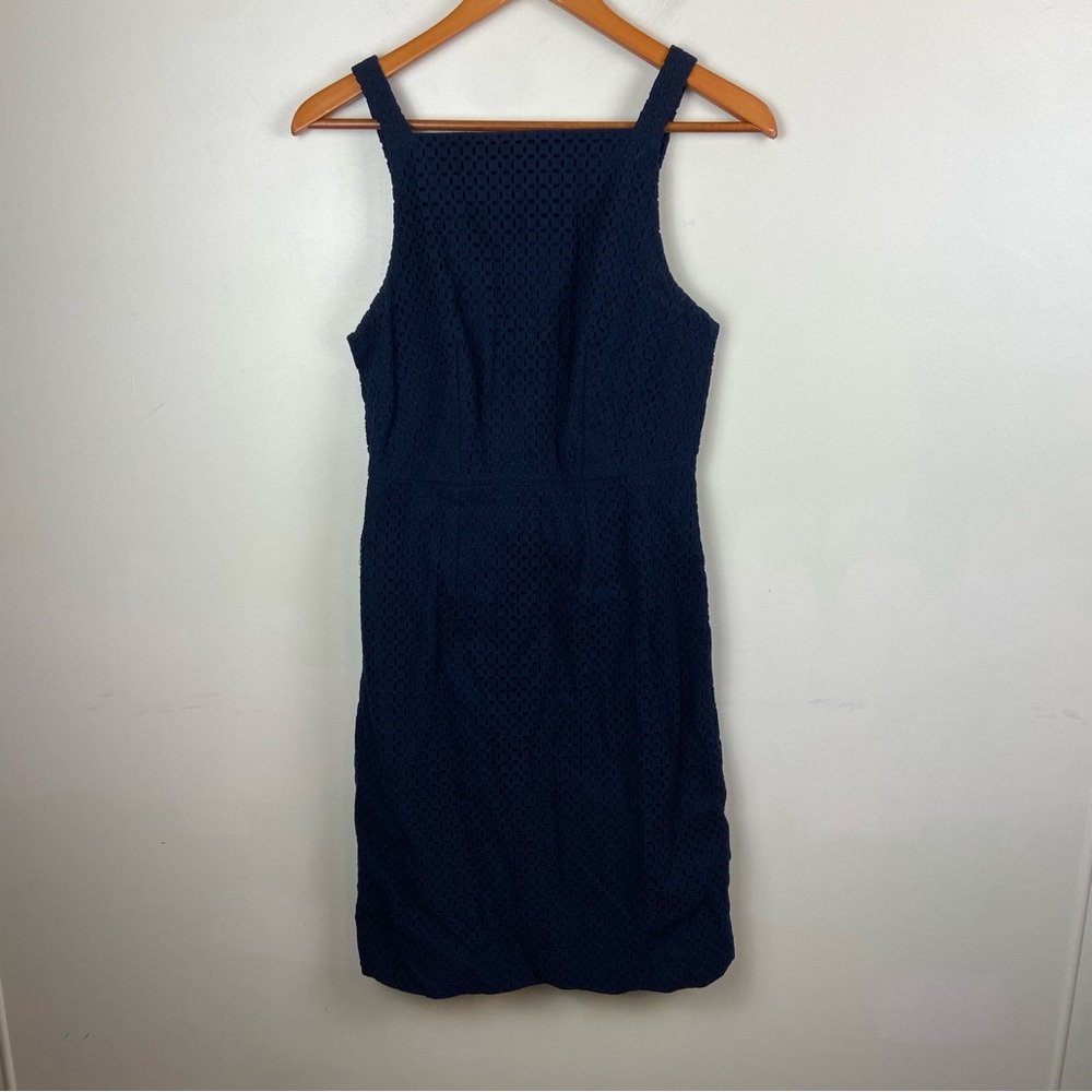 J Crew Navy Blue Cotton High Next Eyelet‎ Sheath Dress Size 0 Party Wedding